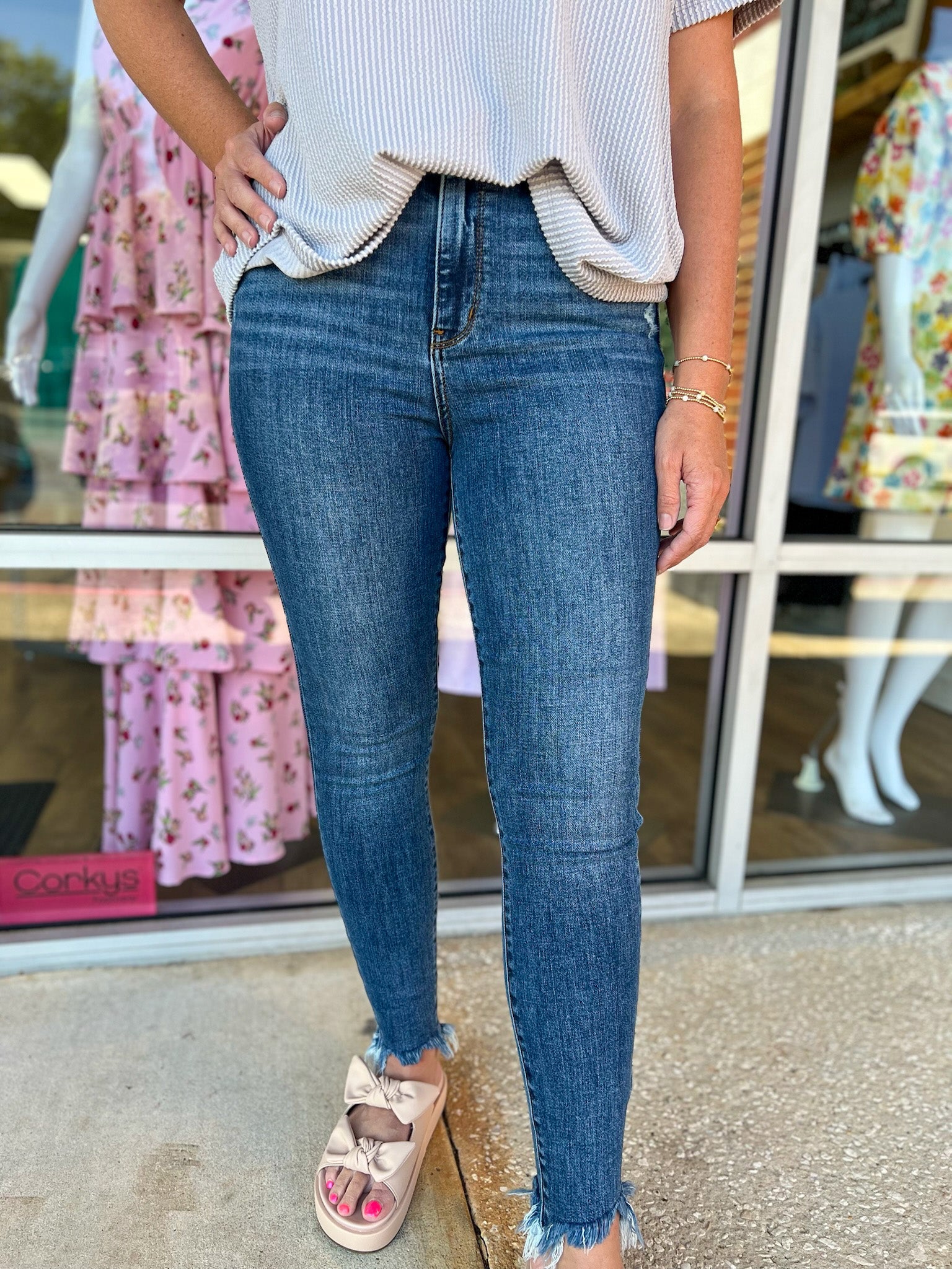 Judy Blue High Waisted Skinny Jeans with Shark Bite Hem (R) - A'Bekah's Boutique