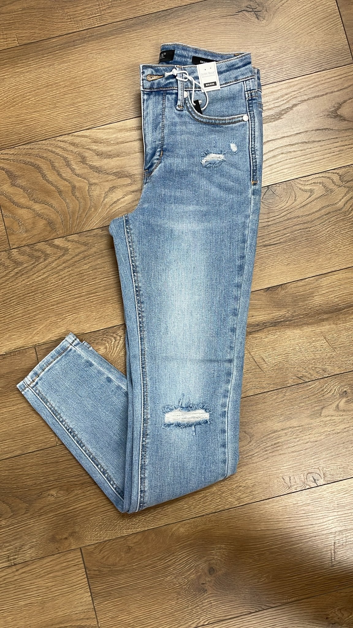 Judy Blue Light Denim Mid Rise Destroyed Skinny Jeans with Tummy Control - A'Bekah's Boutique
