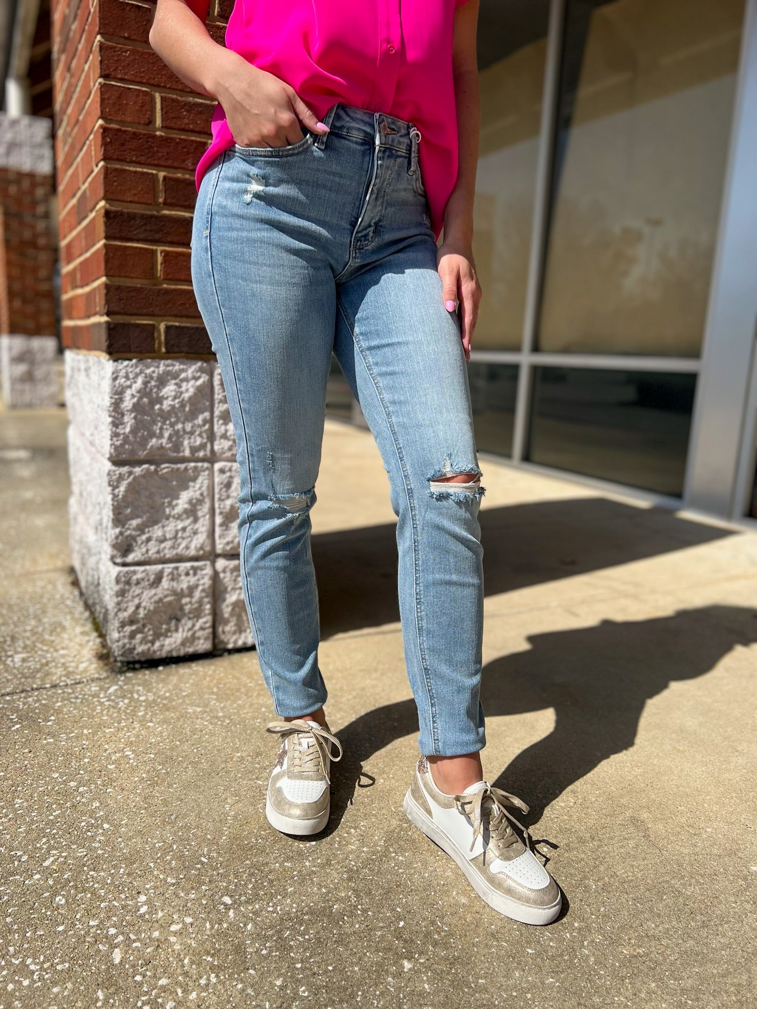 Judy Blue Light Denim Mid Rise Destroyed Skinny Jeans with Tummy Control - A'Bekah's Boutique