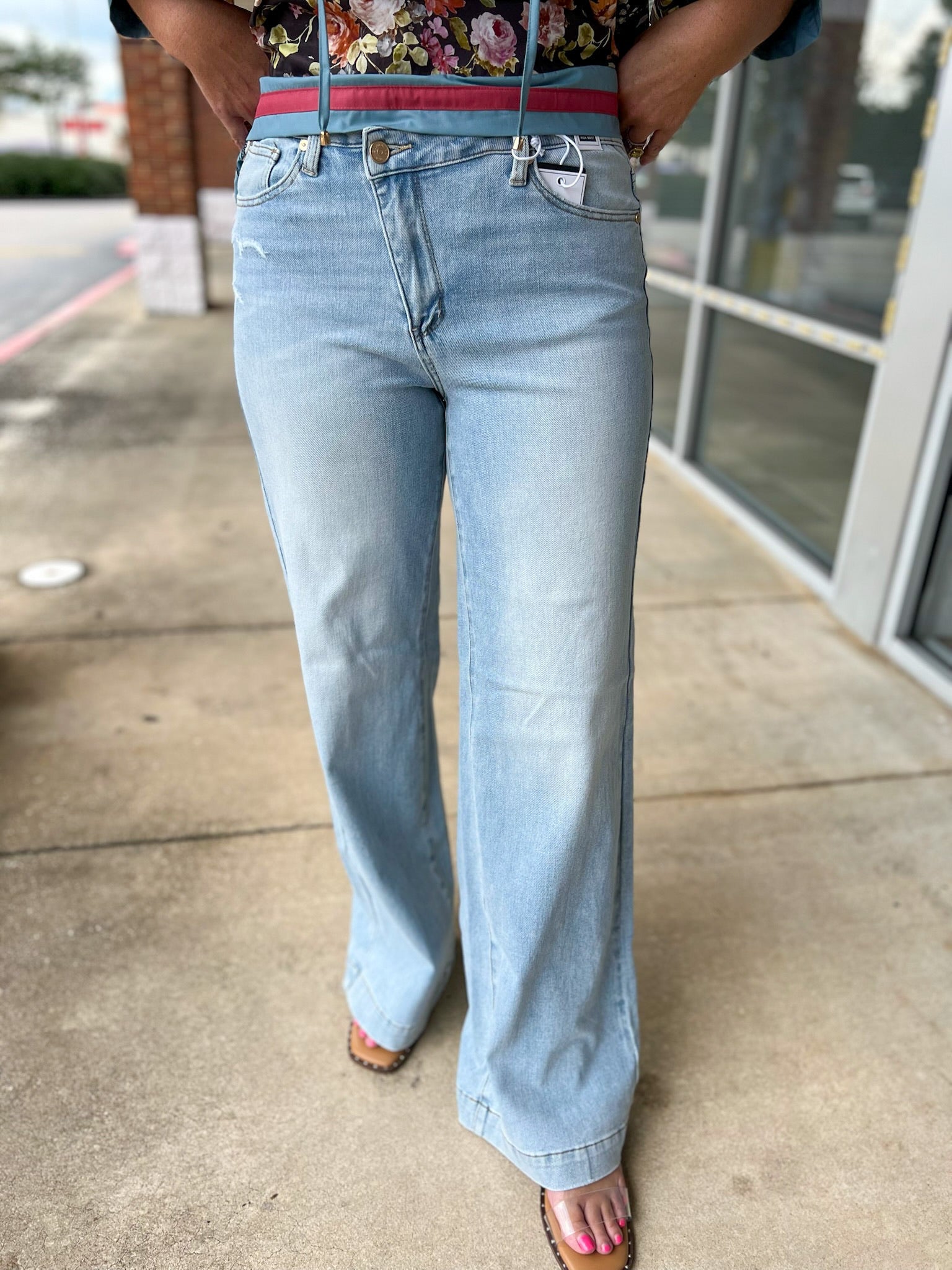Judy Blue Light Wash High Waisted Wide Leg Criss Cross Jeans - A'Bekah's Boutique
