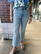 Judy Blue Light Wash Mid Rise Kick Flare Jeans with Raw Hem 26.5" Inseam - A'Bekah's Boutique