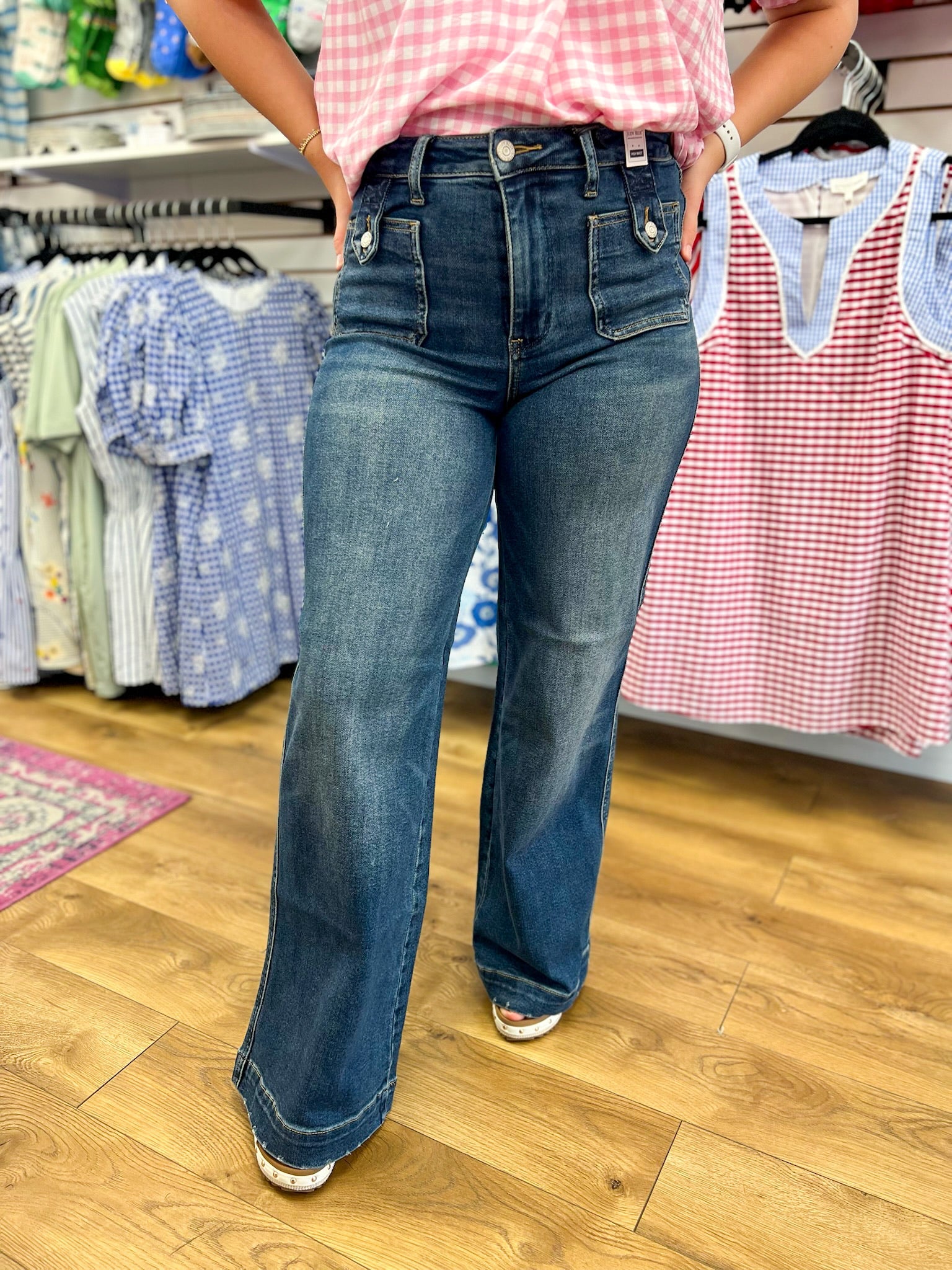 Judy Blue LUX Retro Wide Jeans with Front Tab Patch Pockets 32" Inseam - A'Bekah's Boutique