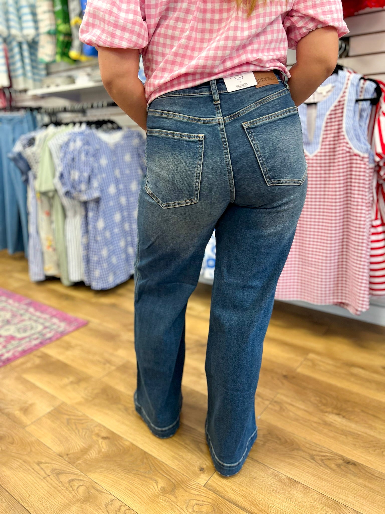 Judy Blue LUX Retro Wide Jeans with Front Tab Patch Pockets 32" Inseam - A'Bekah's Boutique