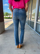 Judy Blue Medium Denim Double Button Bootcut Jeans with Frayed Hem - A'Bekah's Boutique