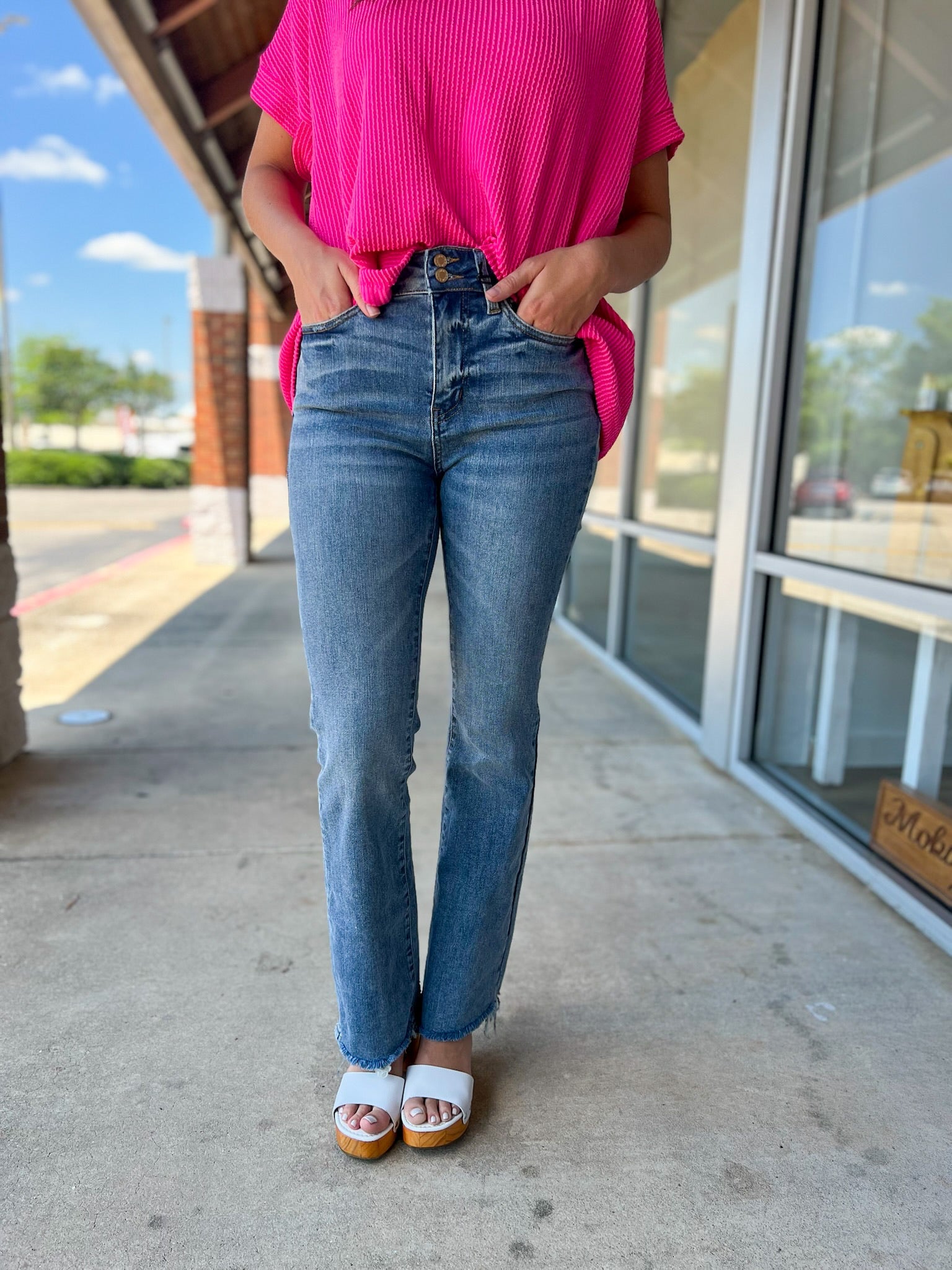 Judy Blue Medium Denim Double Button Bootcut Jeans with Frayed Hem - A'Bekah's Boutique