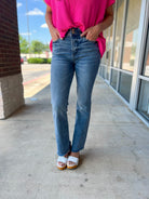 Judy Blue Medium Denim Double Button Bootcut Jeans with Frayed Hem - A'Bekah's Boutique
