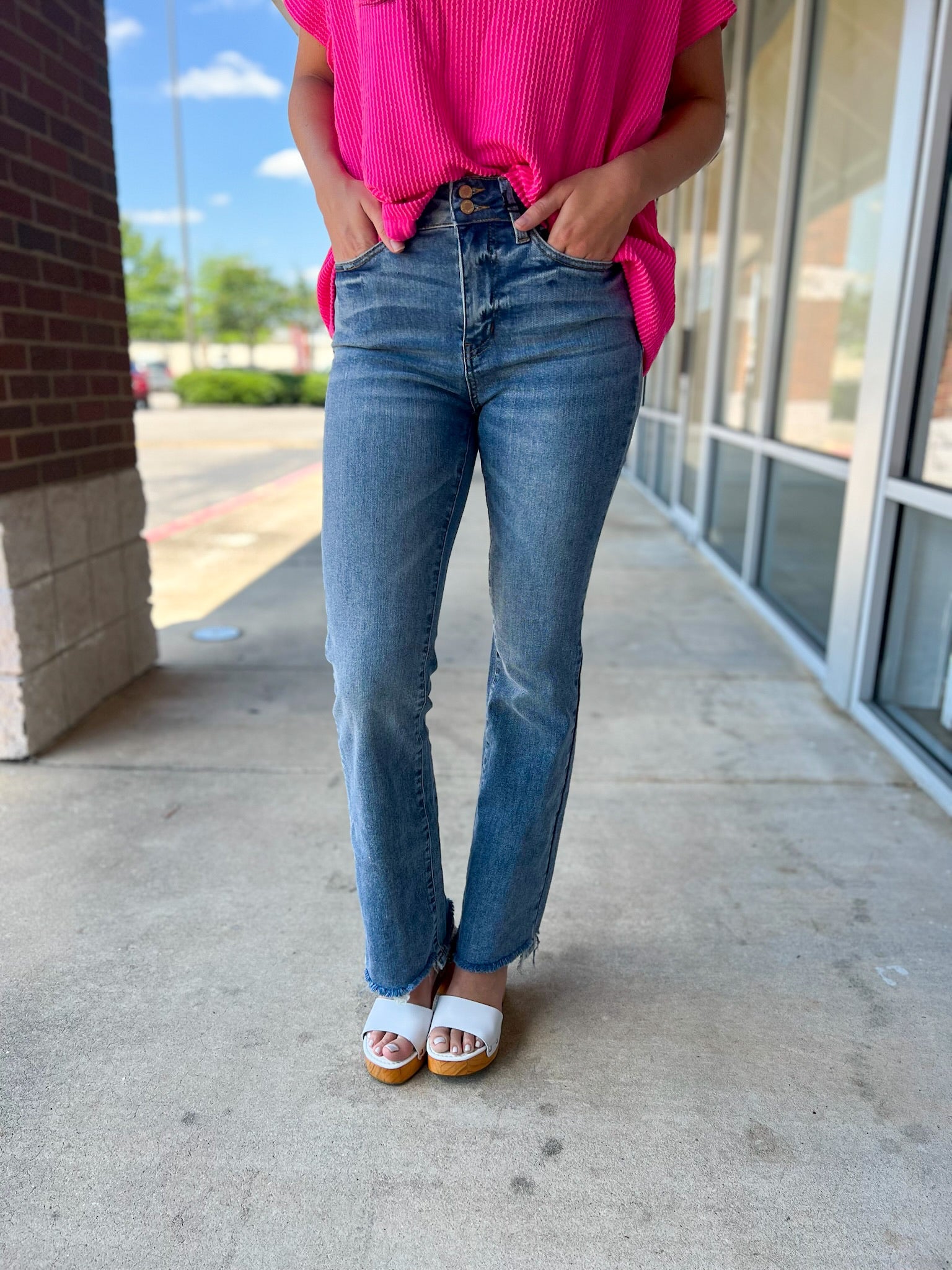 Judy Blue Medium Denim Double Button Bootcut Jeans with Frayed Hem - A'Bekah's Boutique