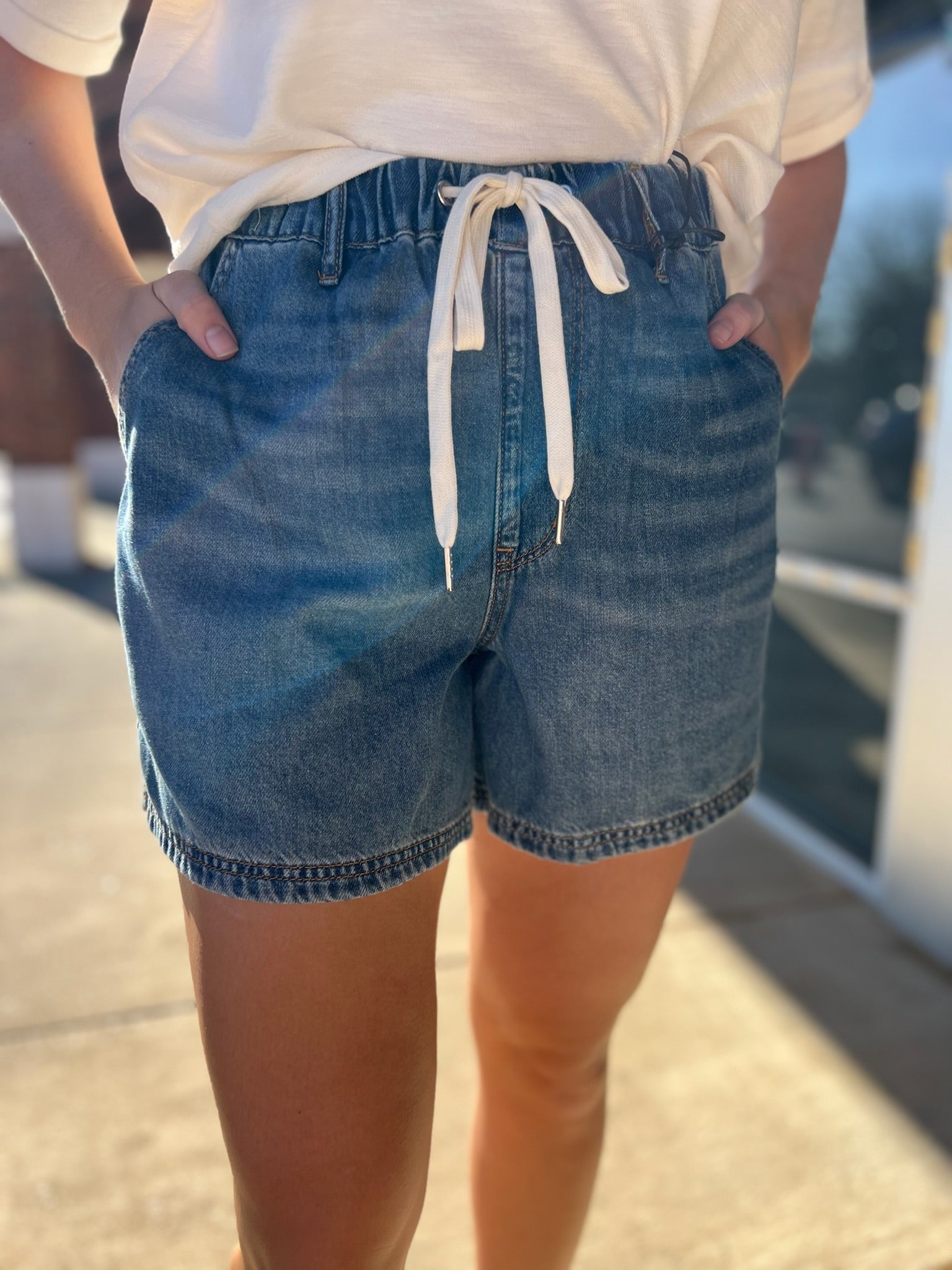 Judy Blue Medium Denim Featherweight Baggy Shorts with Drawstring 5" Inseam - A'Bekah's Boutique