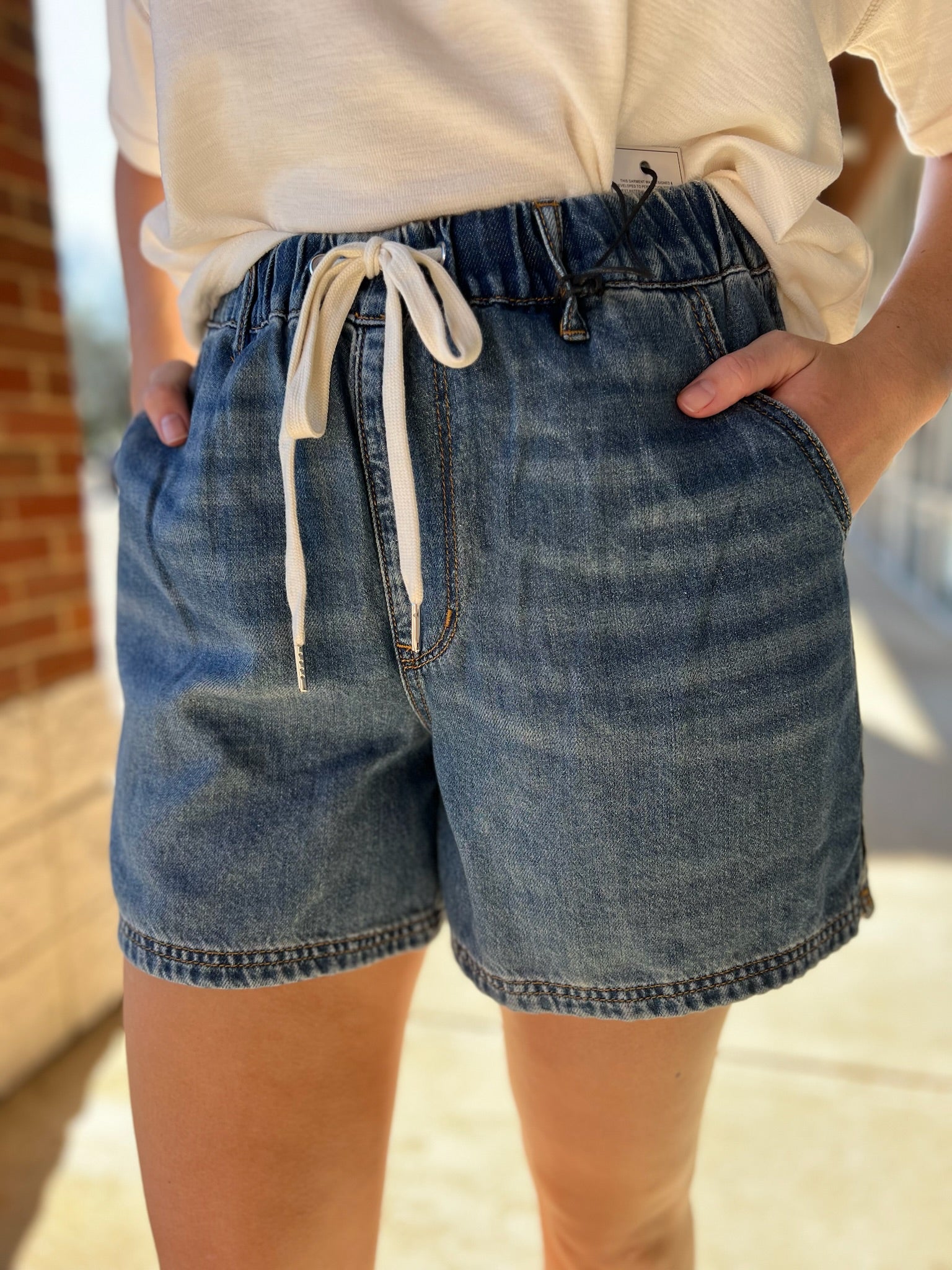Judy Blue Medium Denim Featherweight Baggy Shorts with Drawstring 5" Inseam - A'Bekah's Boutique
