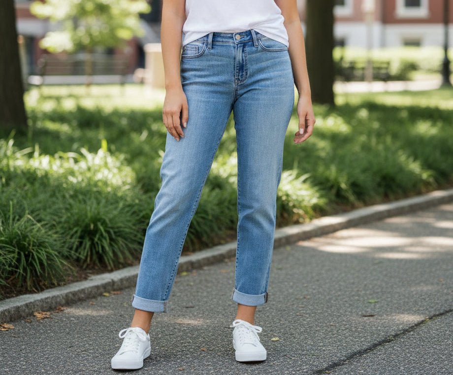 Judy Blue Medium Denim Mid Rise Non - Distressed Boyfriend Jeans - A'Bekah's Boutique