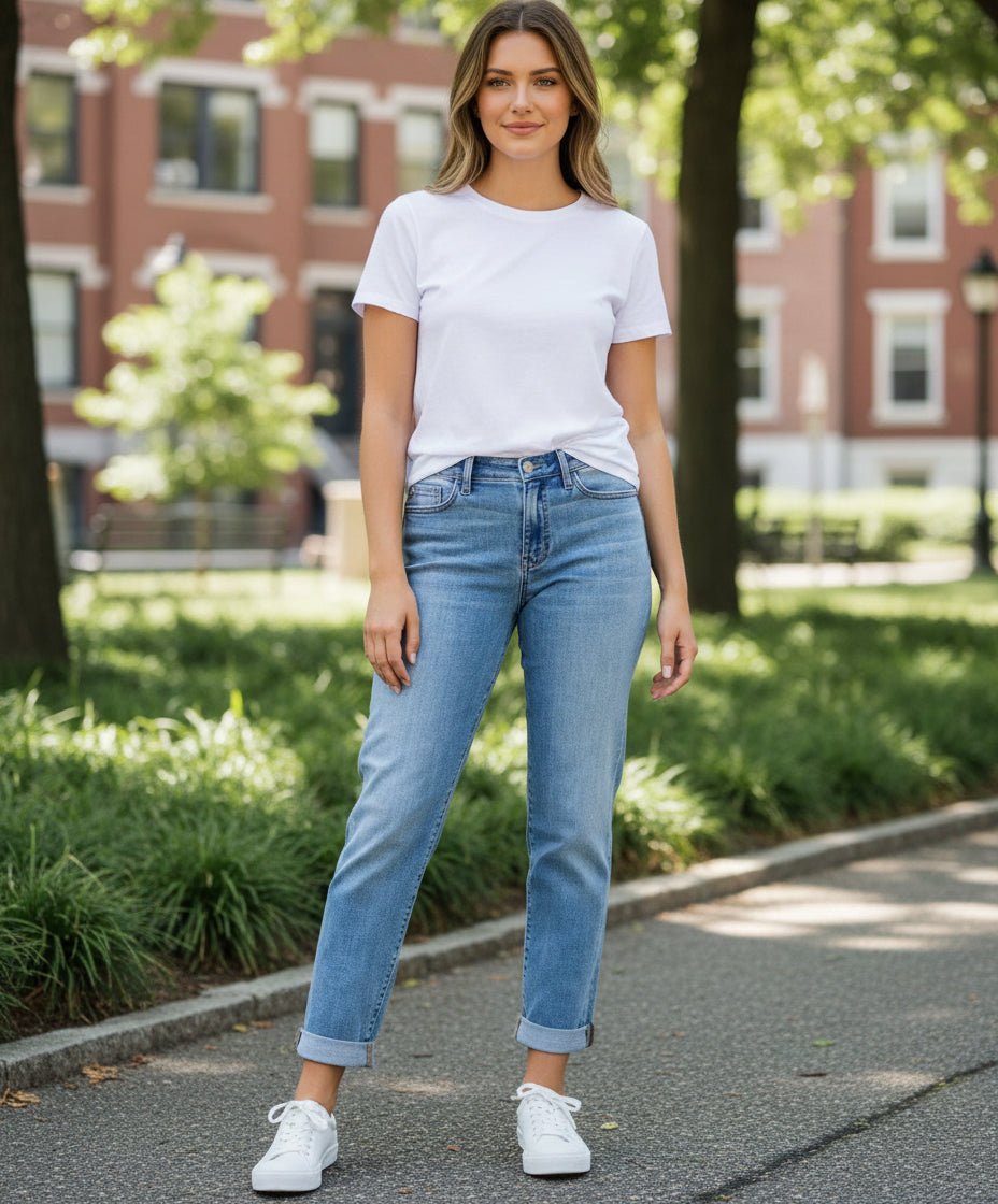 Judy Blue Medium Denim Mid Rise Non - Distressed Boyfriend Jeans - A'Bekah's Boutique