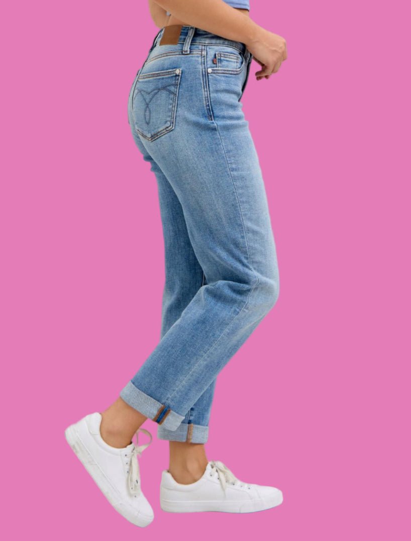 Judy Blue Medium Denim Mid Rise Non - Distressed Boyfriend Jeans - A'Bekah's Boutique