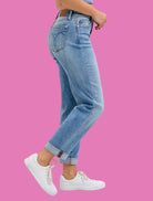 Judy Blue Medium Denim Mid Rise Non - Distressed Boyfriend Jeans - A'Bekah's Boutique