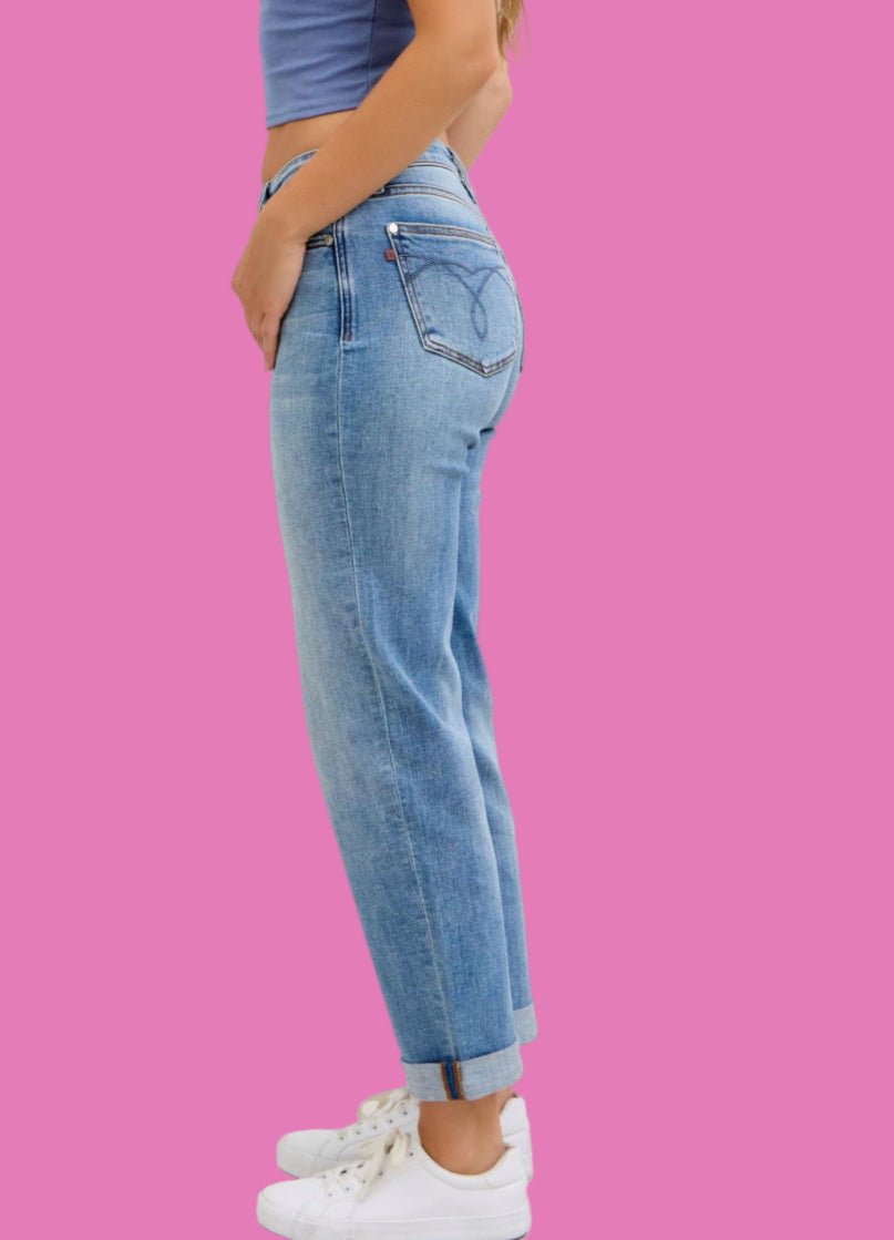 Judy Blue Medium Denim Mid Rise Non - Distressed Boyfriend Jeans - A'Bekah's Boutique