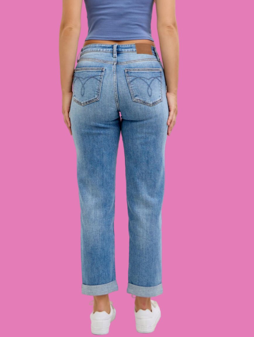 Judy Blue Medium Denim Mid Rise Non - Distressed Boyfriend Jeans - A'Bekah's Boutique