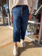 Judy Blue Medium Wash High Waisted Button Fly Destroyed Hem Wide Leg Crop (R) - A'Bekah's Boutique
