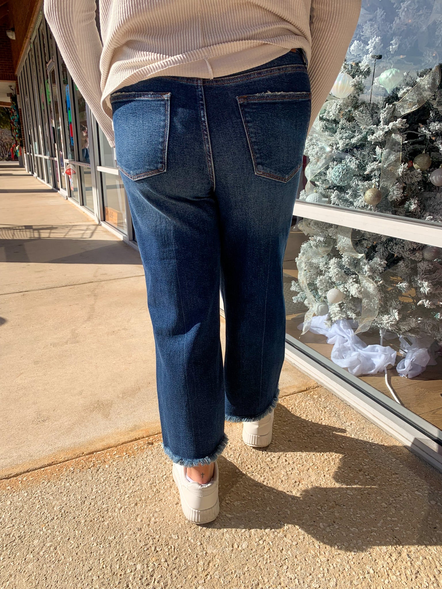Judy Blue Medium Wash High Waisted Button Fly Destroyed Hem Wide Leg Crop (R) - A'Bekah's Boutique