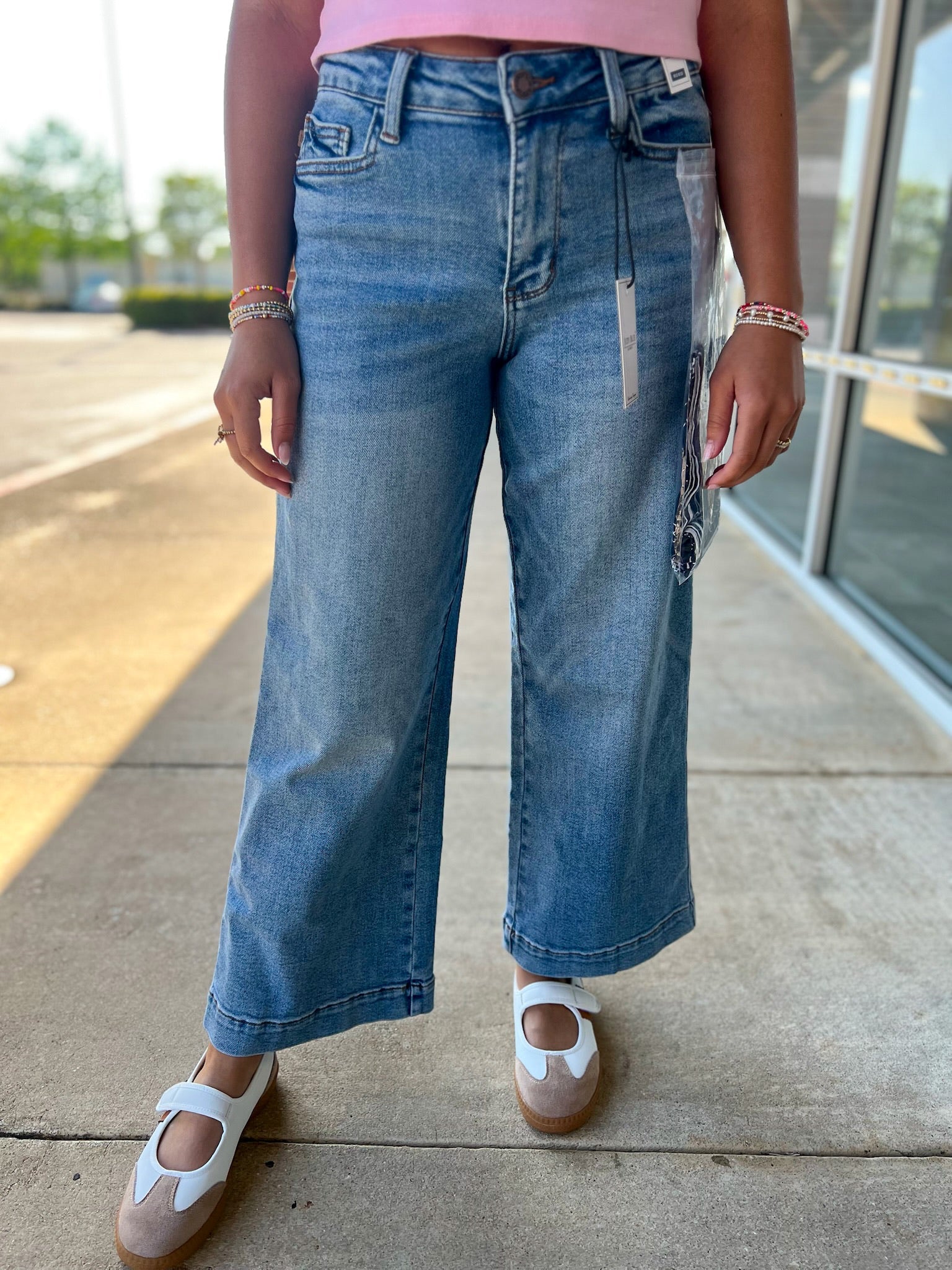 Judy Blue Mid Rise Ankle Wide Leg Jeans with Bandana Loop 27.5" Inseam - A'Bekah's Boutique