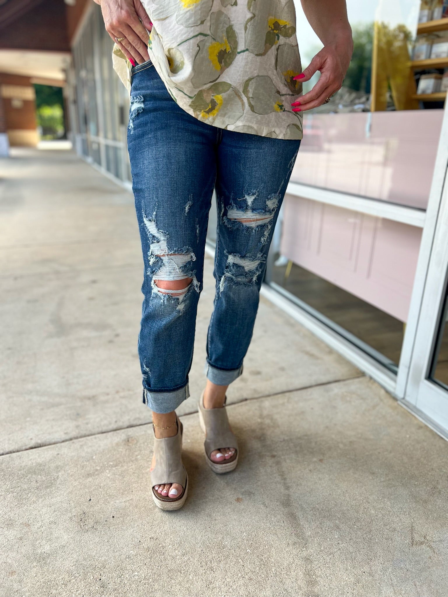 Judy Blue Mid Rise Cuffed Destroyed Boyfriend Jeans - A'Bekah's Boutique