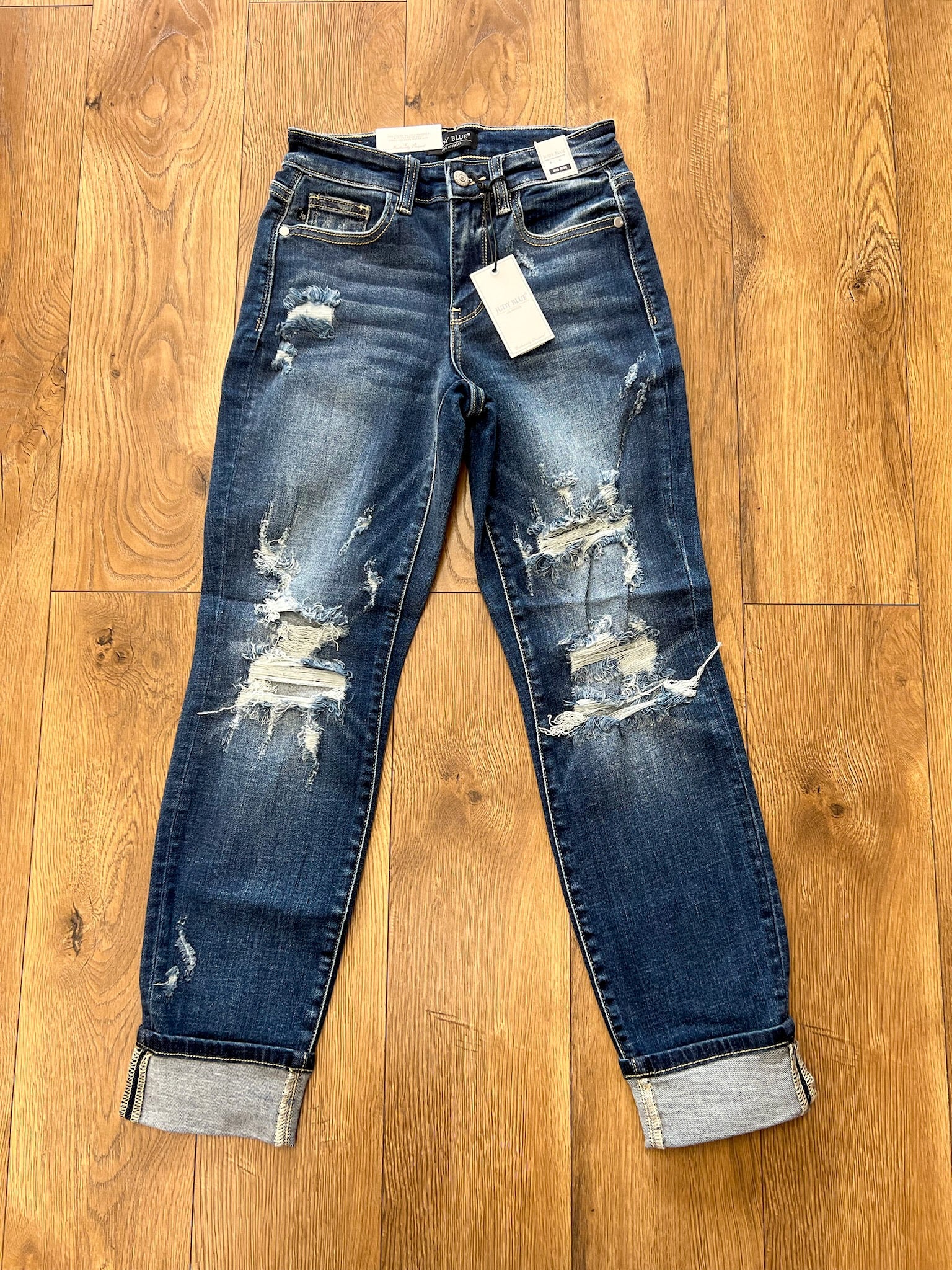 Judy Blue Mid Rise Cuffed Destroyed Boyfriend Jeans - A'Bekah's Boutique
