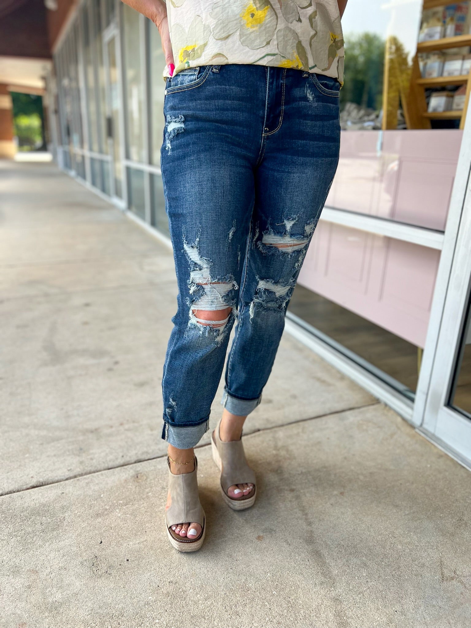 Judy Blue Mid Rise Cuffed Destroyed Boyfriend Jeans - A'Bekah's Boutique