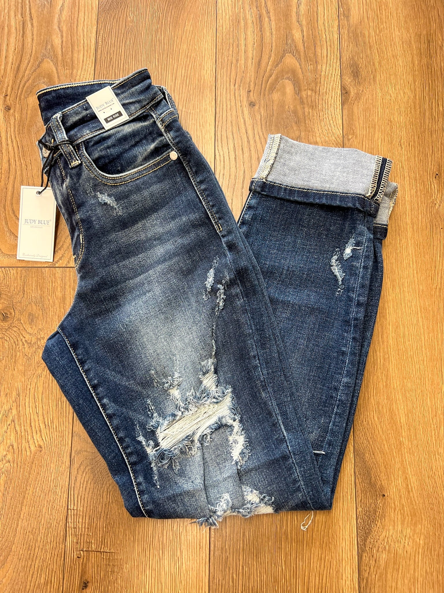 Judy Blue Mid Rise Cuffed Destroyed Boyfriend Jeans - A'Bekah's Boutique