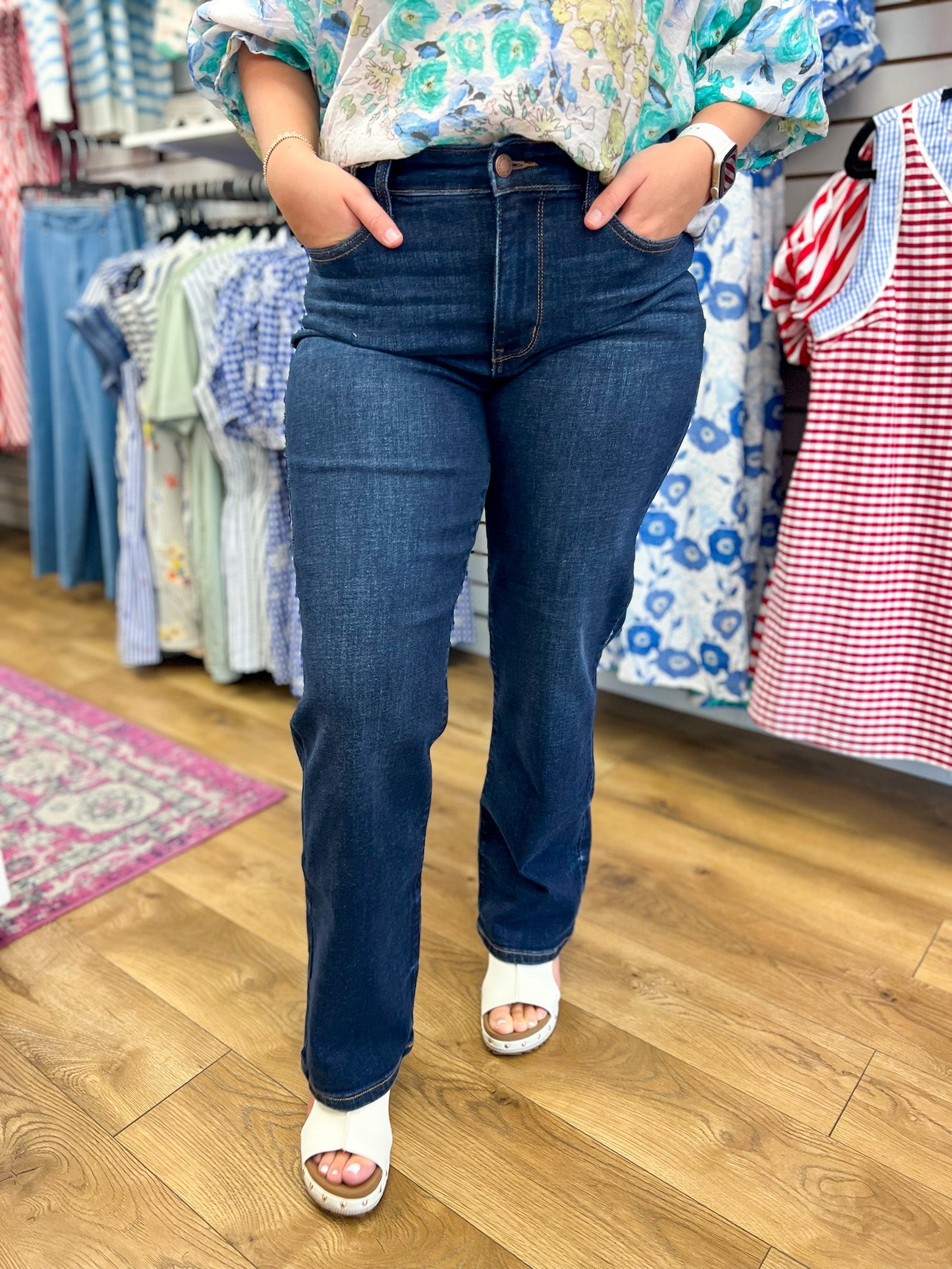 Judy Blue Mid Rise Dark Denim Straight Leg Jeans 30" Inseam - A'Bekah's Boutique