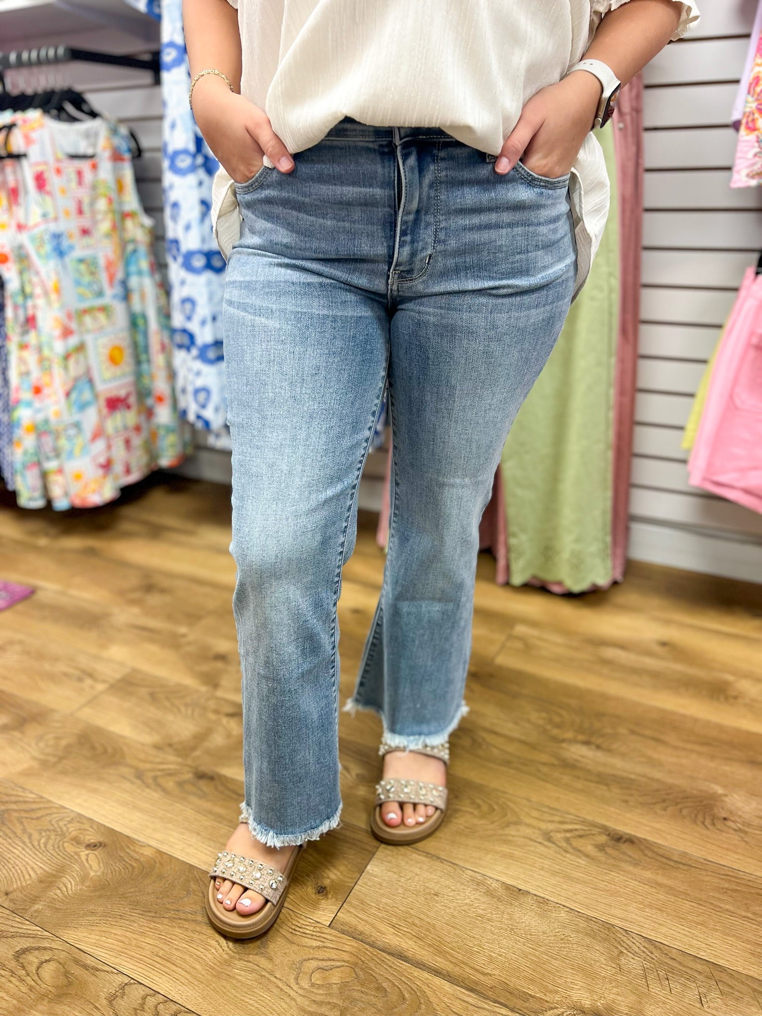 Judy Blue Mid Rise Light Wash Kick Flare Jeans with Frayed Hem 26.5" Inseam - A'Bekah's Boutique
