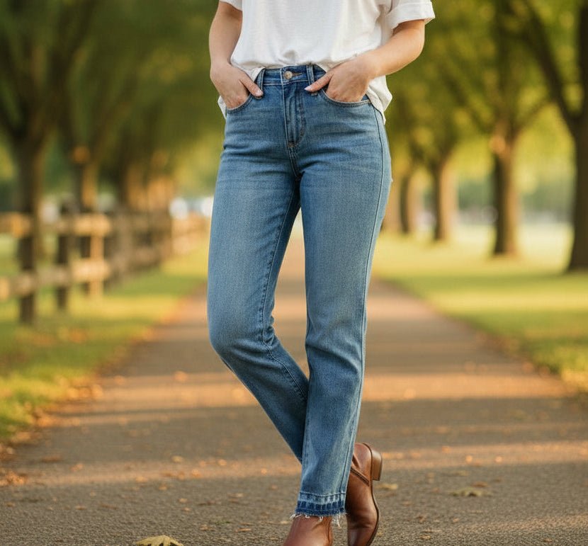 Judy Blue Mid Rise Rigid Magic Release Hem Boyfriend Jeans - A'Bekah's Boutique