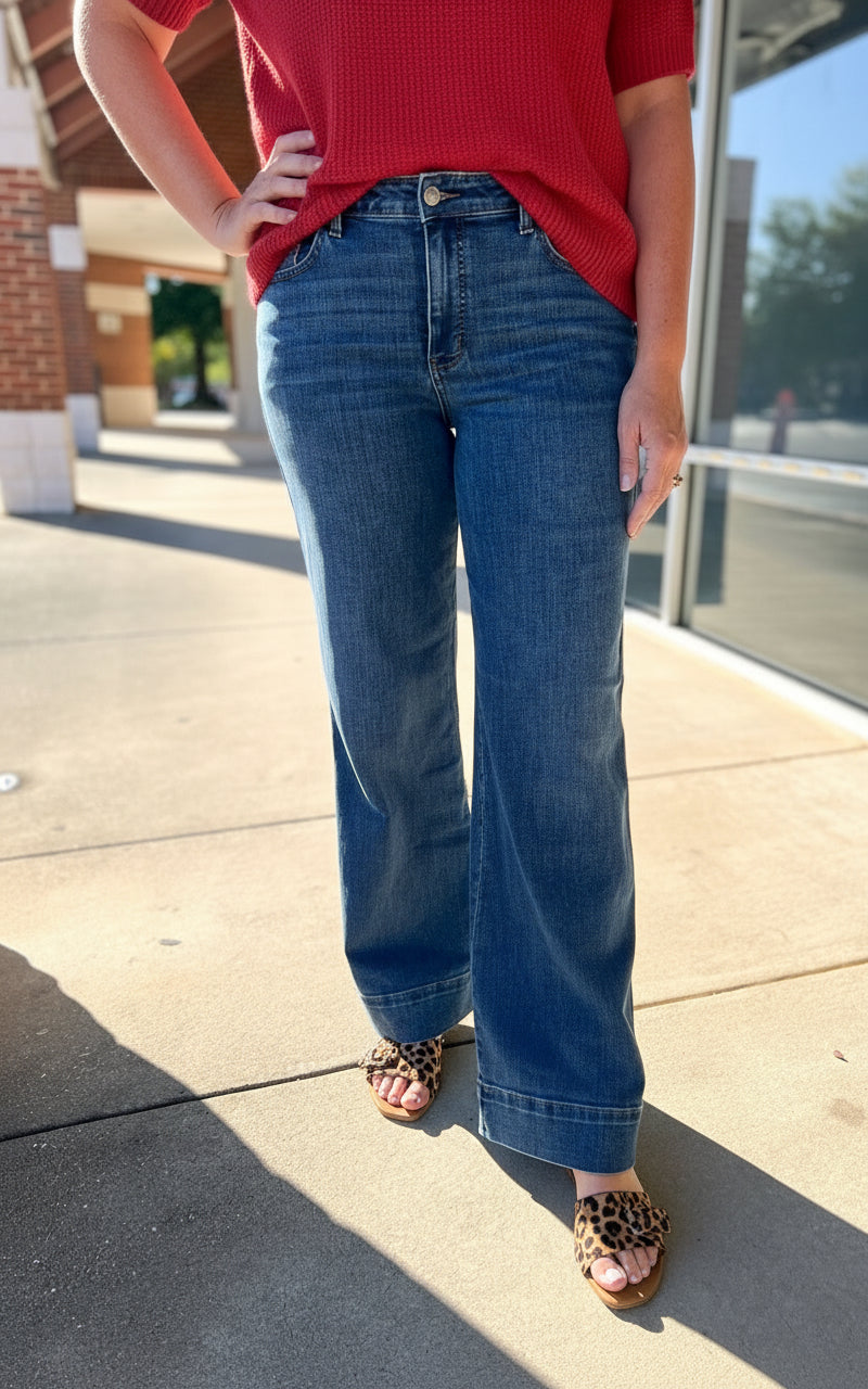 Judy Blue Mid Rise Trouser Wide Leg Jeans - A'Bekah's Boutique