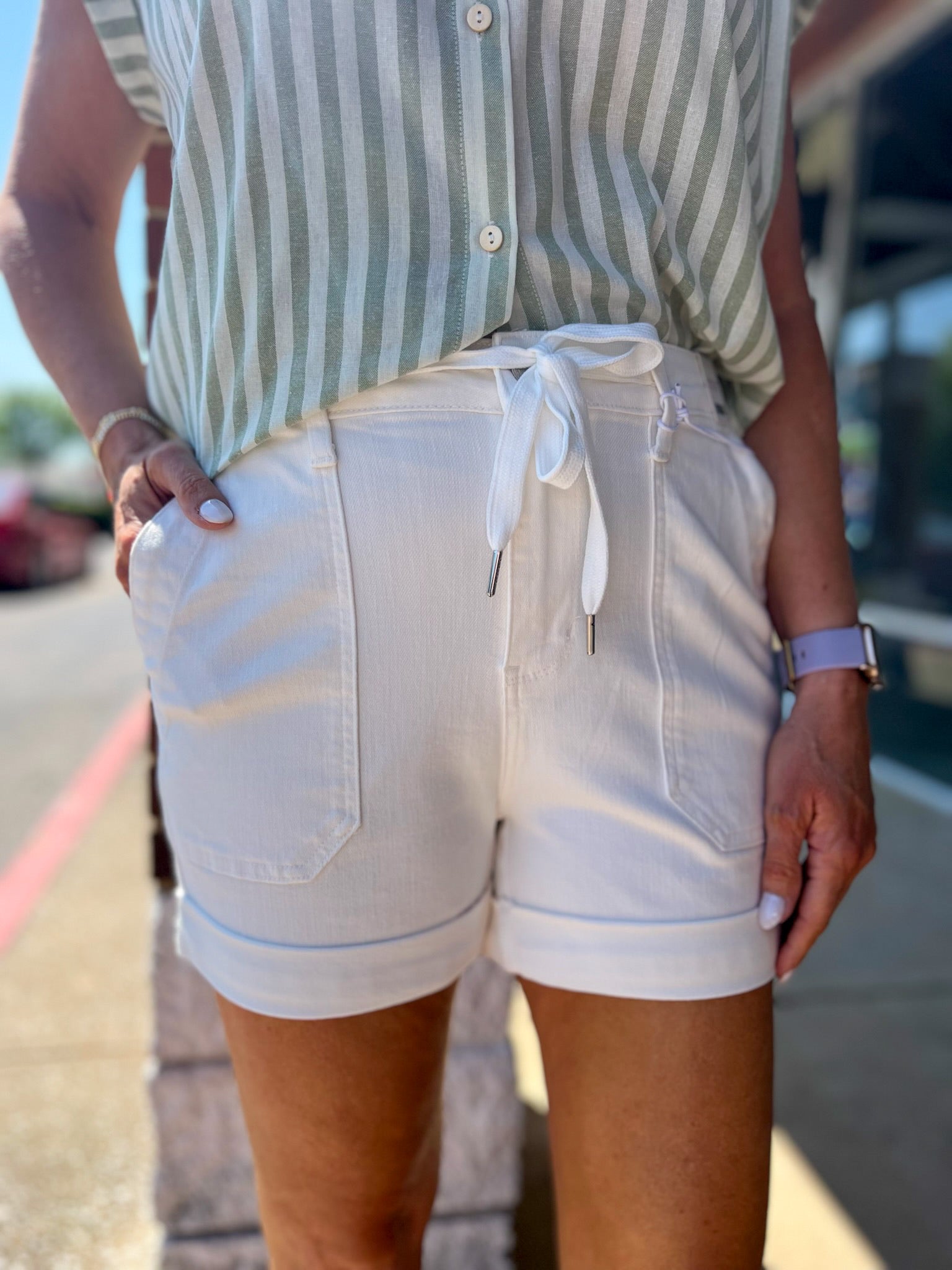 Judy Blue White Jogger Denim Shorts 4.25" Inseam - A'Bekah's Boutique