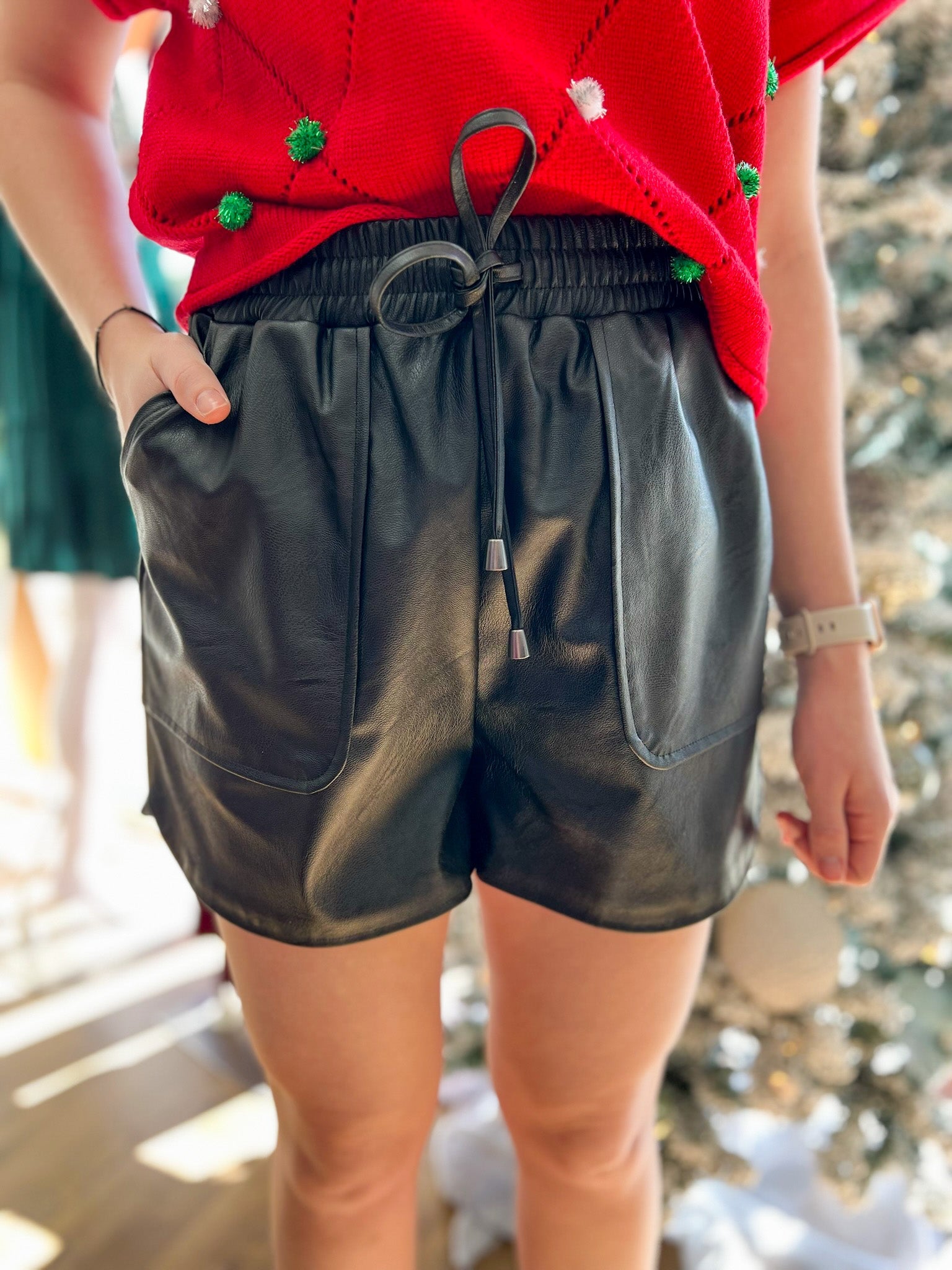 Jump At The Chance Black Faux Leather Elastic Waist Shorts - A'Bekah's Boutique