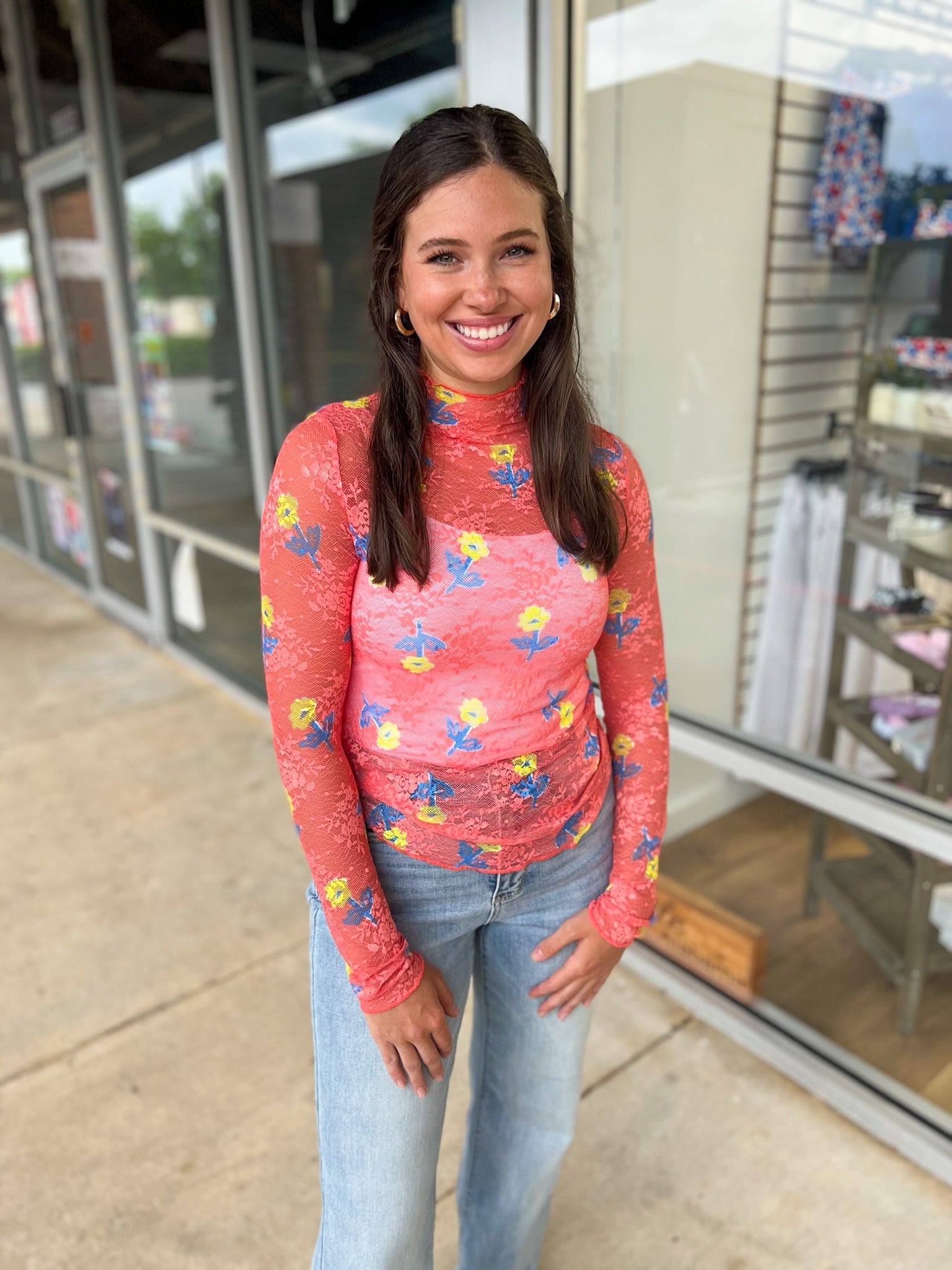Just a Theory Salmon Floral Sheer Long Sleeve Top - A'Bekah's Boutique