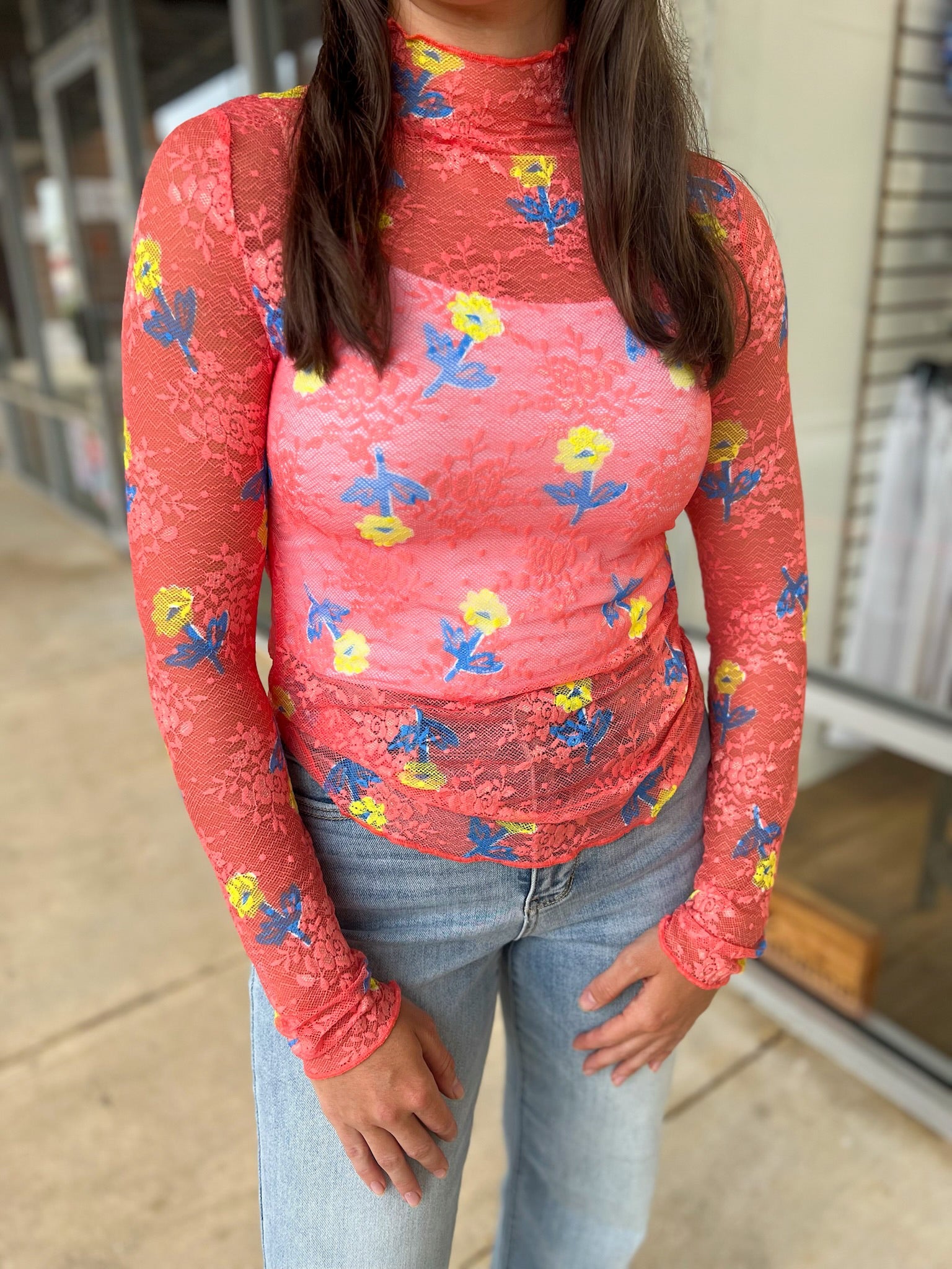Just a Theory Salmon Floral Sheer Long Sleeve Top - A'Bekah's Boutique