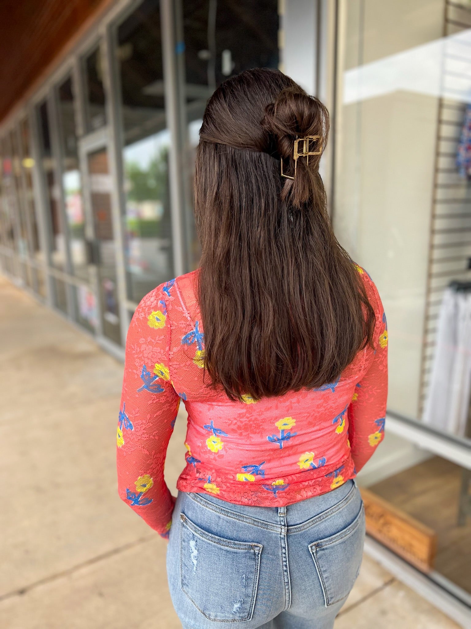 Just a Theory Salmon Floral Sheer Long Sleeve Top - A'Bekah's Boutique