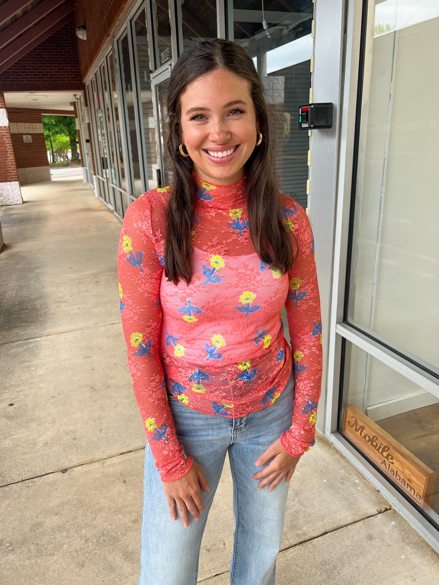 Just a Theory Salmon Floral Sheer Long Sleeve Top - A'Bekah's Boutique
