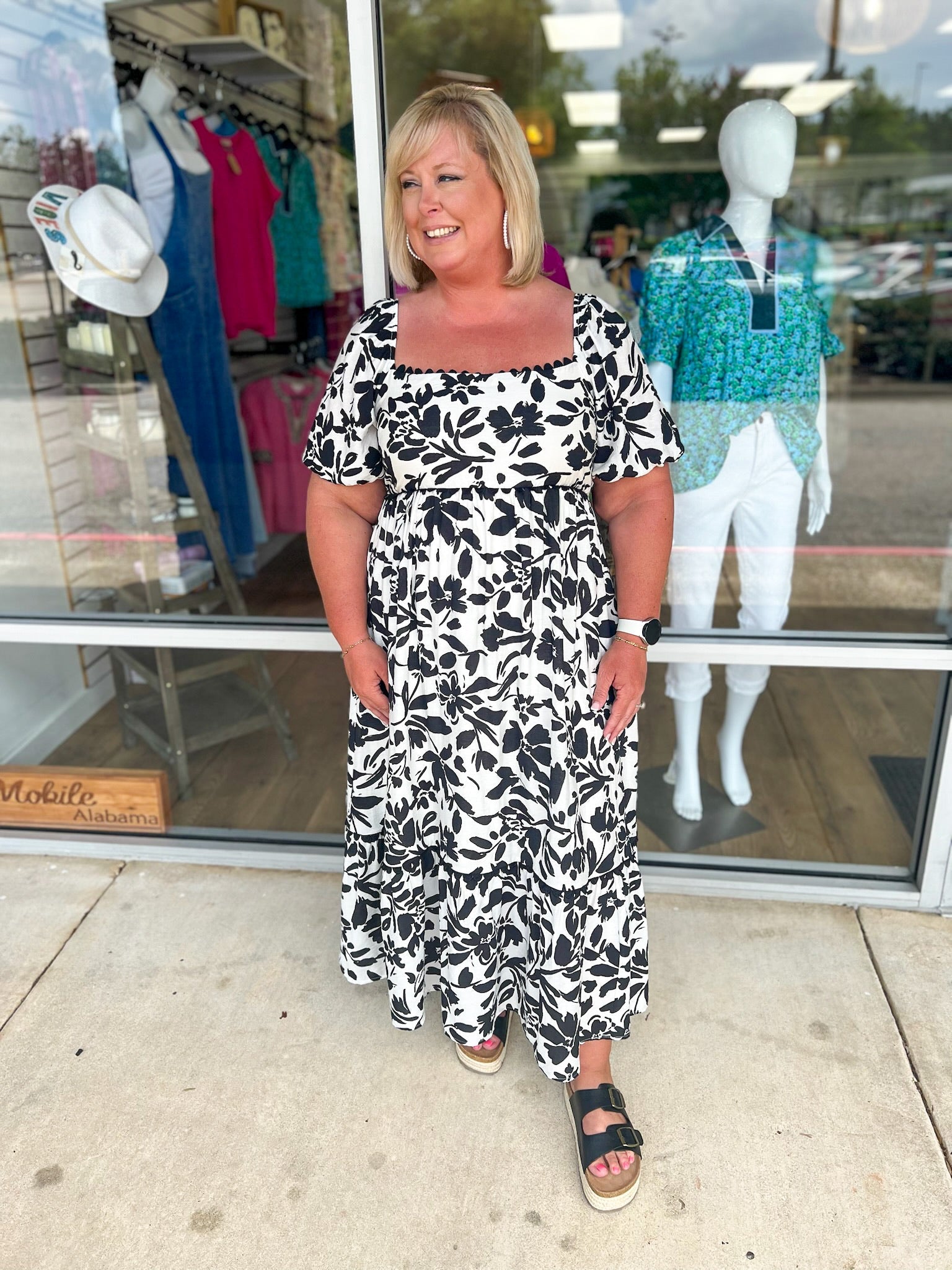 Just Breathe Curvy Black Floral Midi Dress with Scalloped Trim - A'Bekah's Boutique