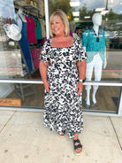 Just Breathe Curvy Black Floral Midi Dress with Scalloped Trim - A'Bekah's Boutique