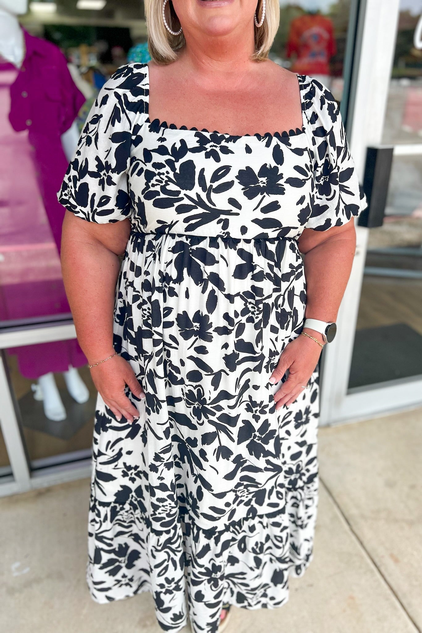 Just Breathe Curvy Black Floral Midi Dress with Scalloped Trim - A'Bekah's Boutique