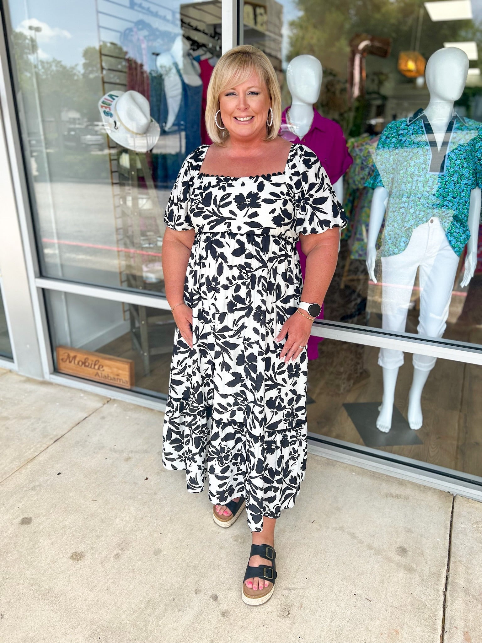 Just Breathe Curvy Black Floral Midi Dress with Scalloped Trim - A'Bekah's Boutique
