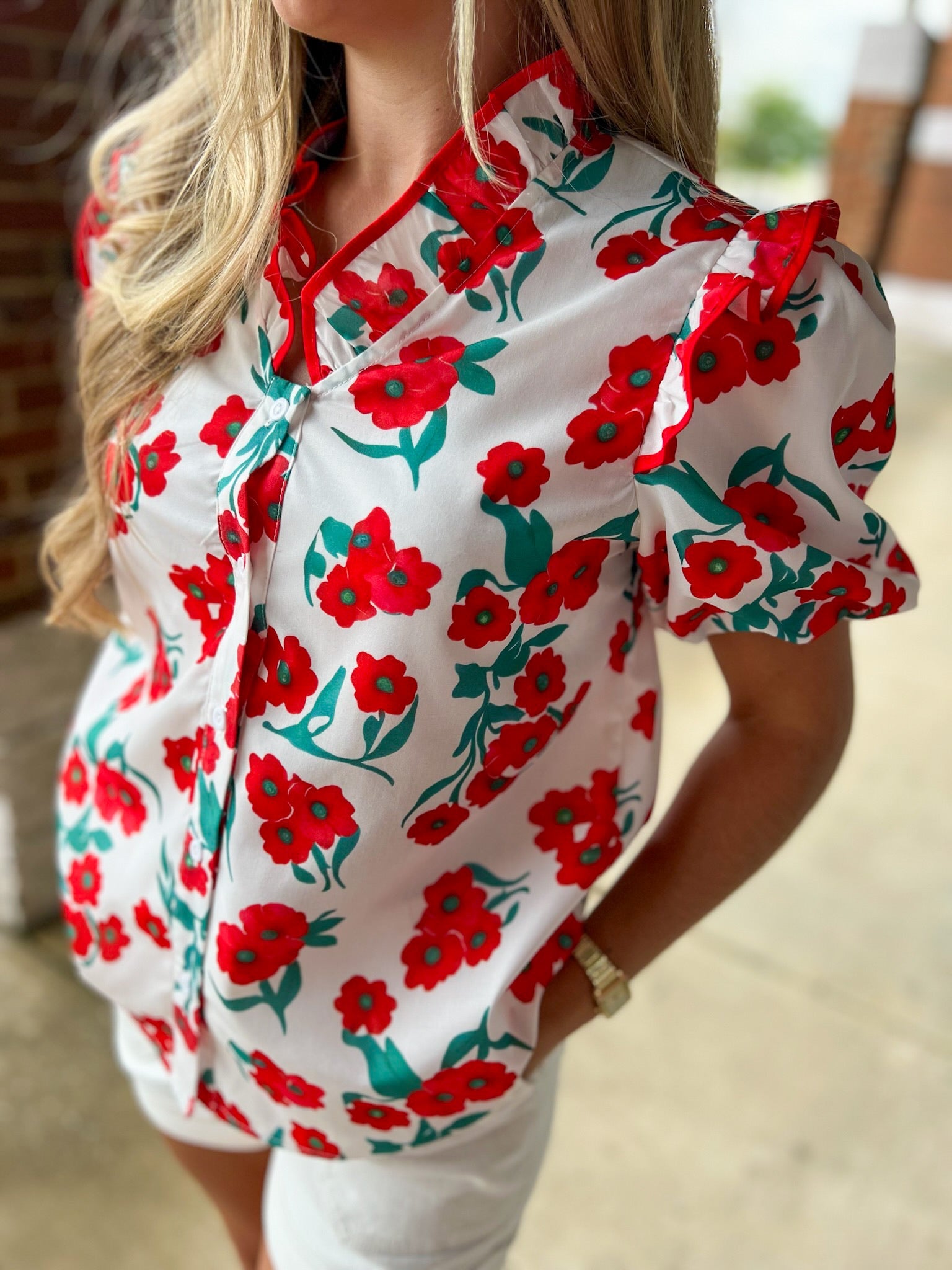 Keep Holding On Red Floral Button Up Top - A'Bekah's Boutique