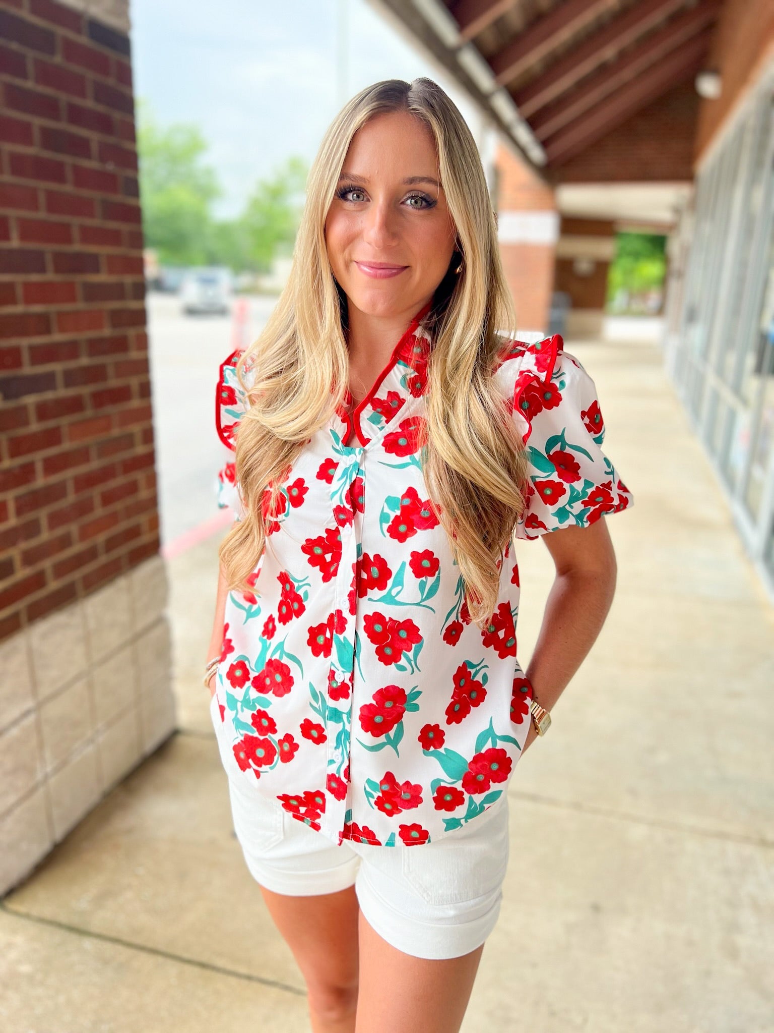 Keep Holding On Red Floral Button Up Top - A'Bekah's Boutique