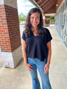 Keep It Real Black Split Neck Short Sleeve Sweater - A'Bekah's Boutique