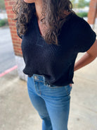 Keep It Real Black Split Neck Short Sleeve Sweater - A'Bekah's Boutique