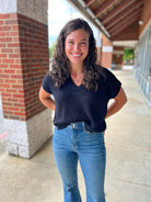 Keep It Real Black Split Neck Short Sleeve Sweater - A'Bekah's Boutique