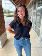 Keep It Real Black Split Neck Short Sleeve Sweater - A'Bekah's Boutique