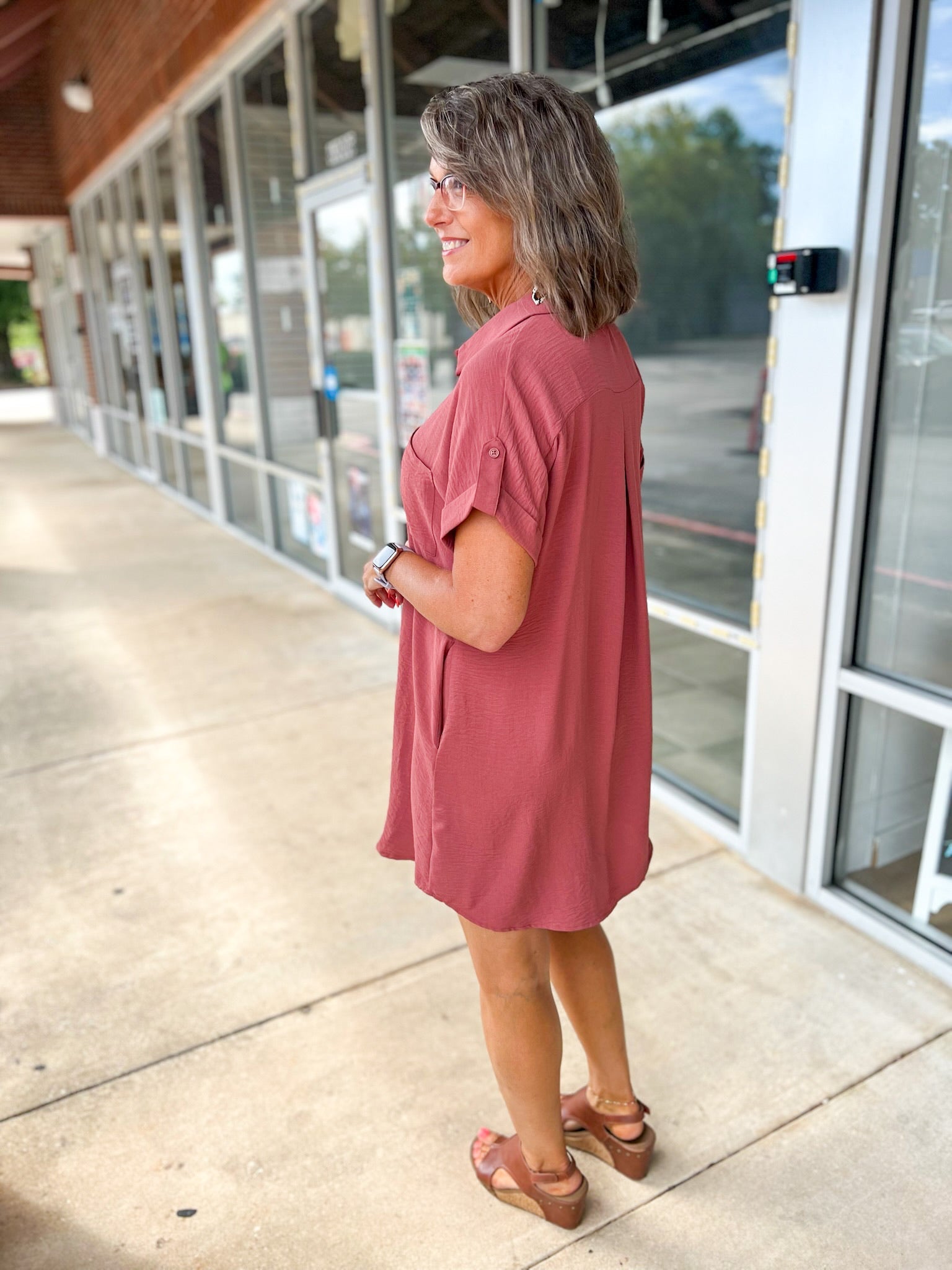 Keep Smiling Cinnamon Short Sleeve Button Down Shirt Dress with Pockets - A'Bekah's Boutique