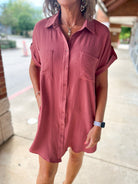 Keep Smiling Cinnamon Short Sleeve Button Down Shirt Dress with Pockets - A'Bekah's Boutique