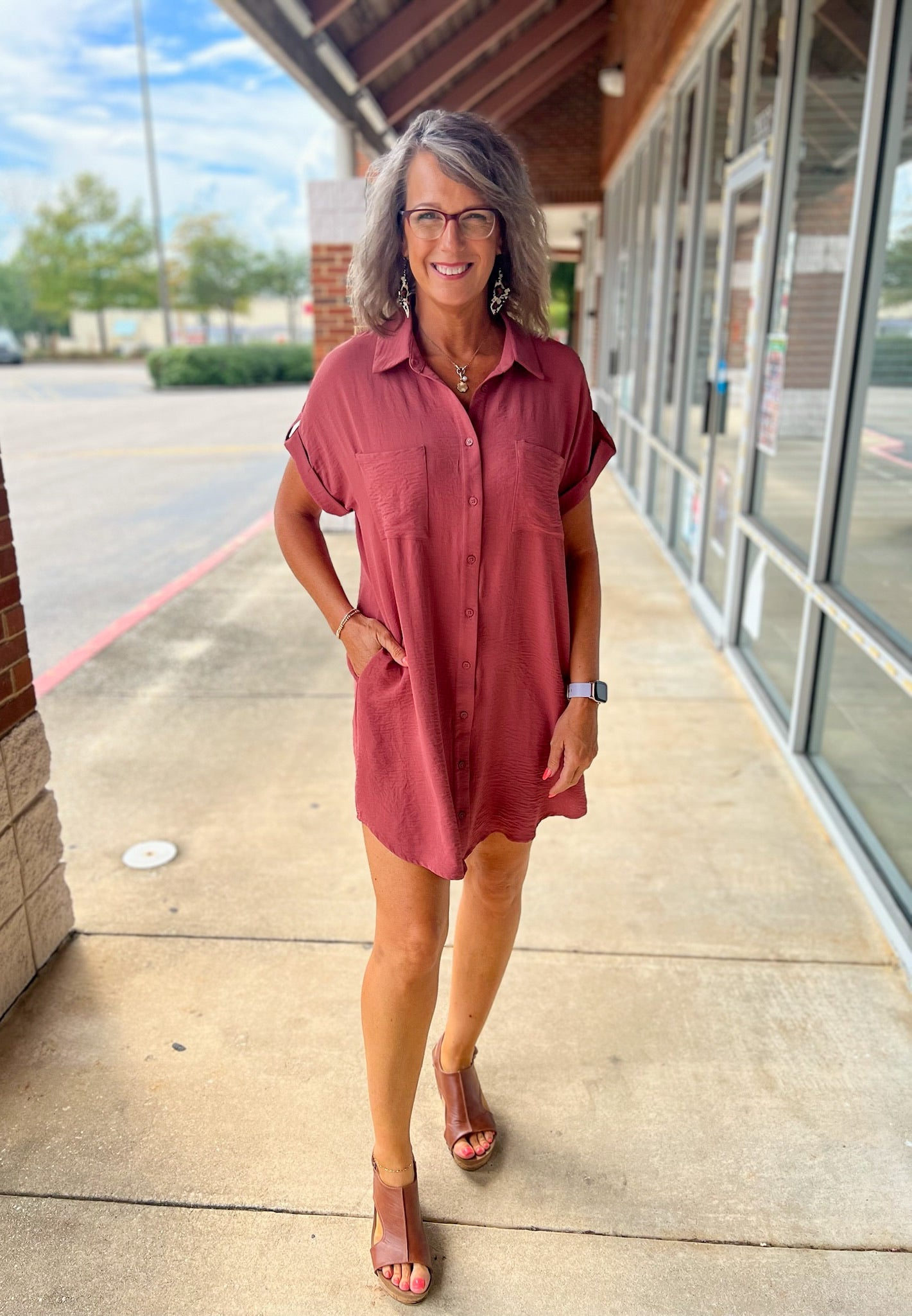 Keep Smiling Cinnamon Short Sleeve Button Down Shirt Dress with Pockets - A'Bekah's Boutique