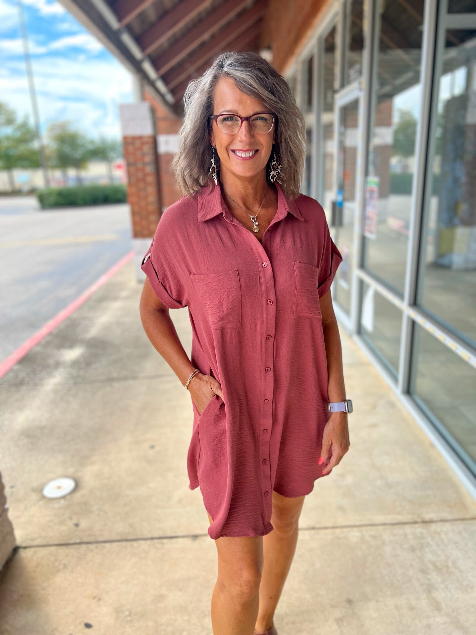 Keep Smiling Cinnamon Short Sleeve Button Down Shirt Dress with Pockets - A'Bekah's Boutique